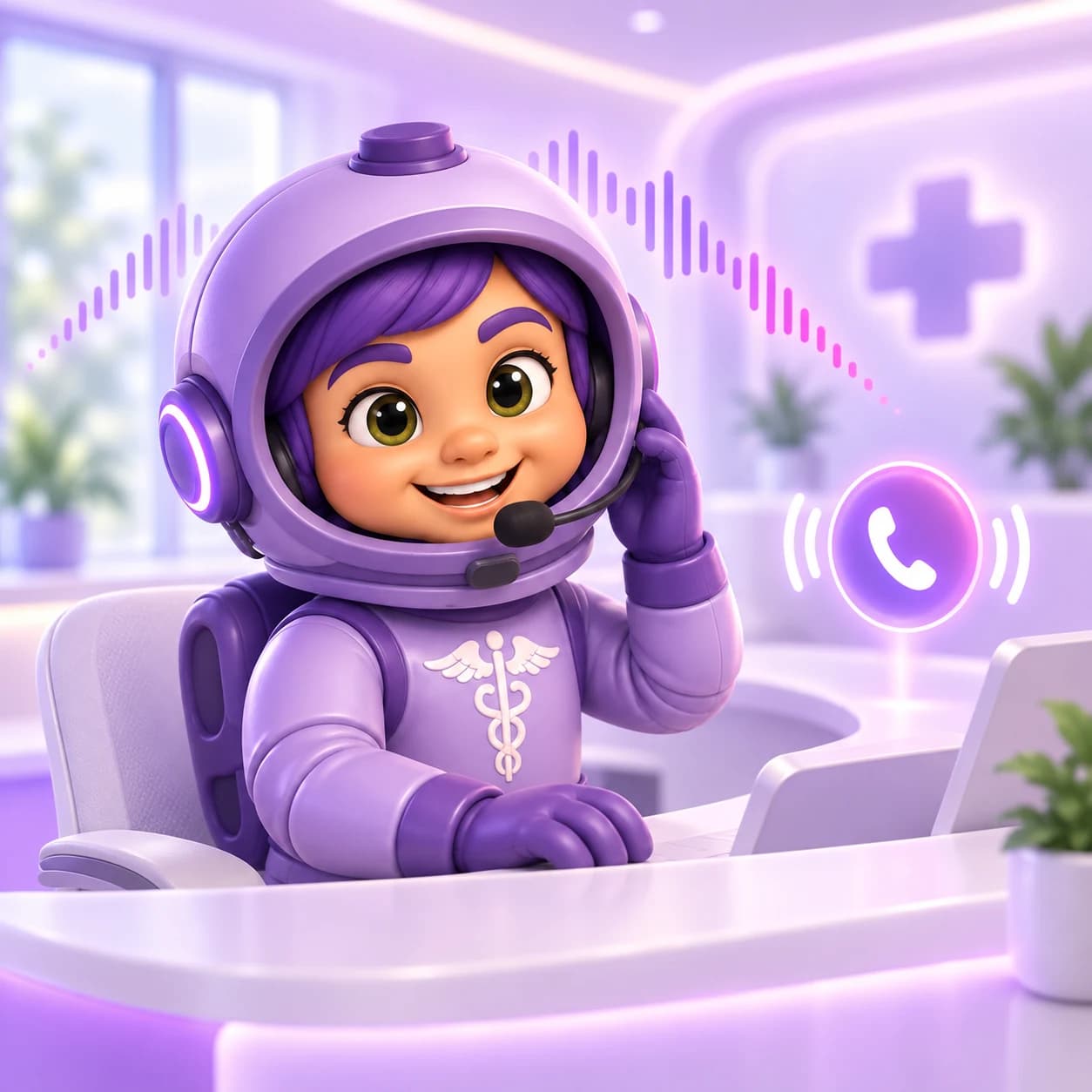 Mascota de HealthMate con auriculares y micrófono atendiendo una llamada en una clínica